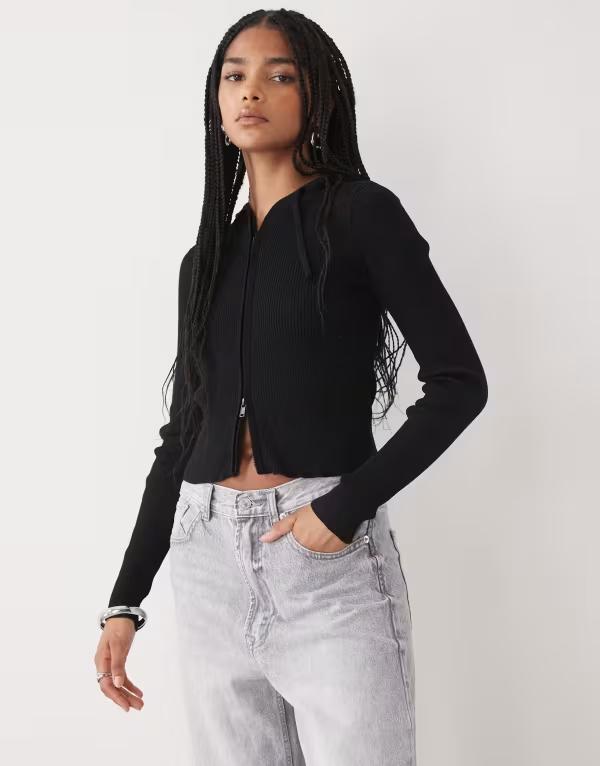 モンキ レディース アウター カーディガン ニット パーカー Monki knit hoodie zip-up cardigan Black ブラック