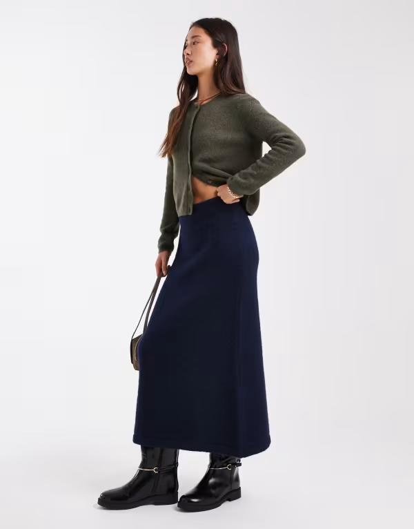 エイソス レディース ボトムス スカート ウール ニット マキシ ASOS DESIGN wool look knit maxi skirt - part of a set Navy ネイビー