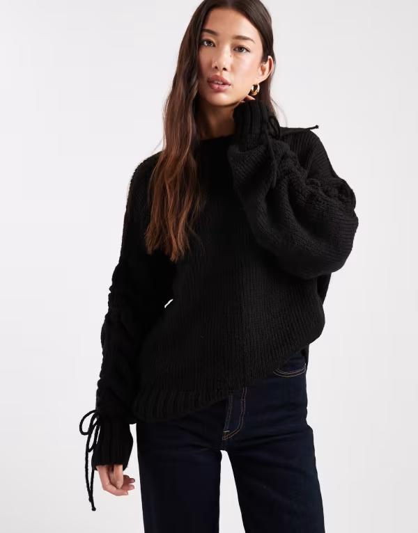 エイソス レディース アウター ニット・セーター ギャザー セーター ASOS DESIGN ruched tie sleeve sweater Black ブラック