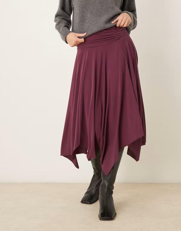 エイソス レディース ボトムス スカート アシンメトリー ASOS DESIGN modal asymmetric hanky hem skirt Burgundy バーガンディ