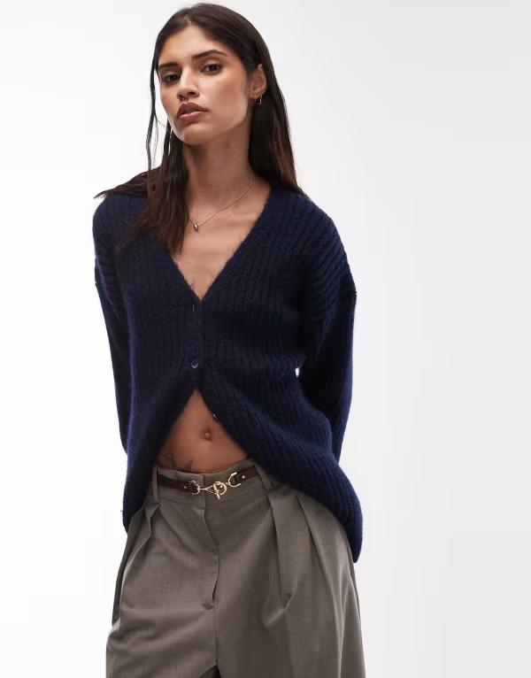 エイソス レディース アウター カーディガン ウール ニット ASOS DESIGN knit slouchy cardigan with wool navy ネイビー 13,490円