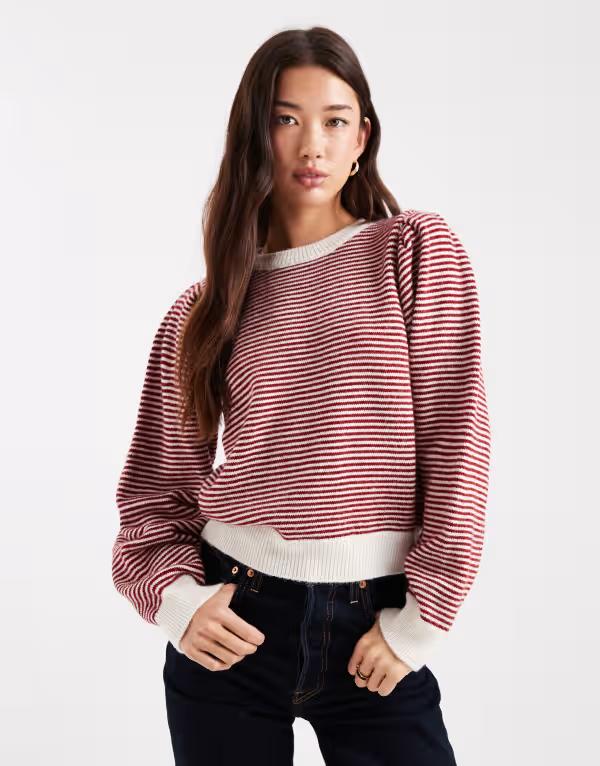 エイソス レディース アウター ニット・セーター セーター ASOS DESIGN puff sleeve fine striped sweater and cream Red and Cream Stripe クリーム