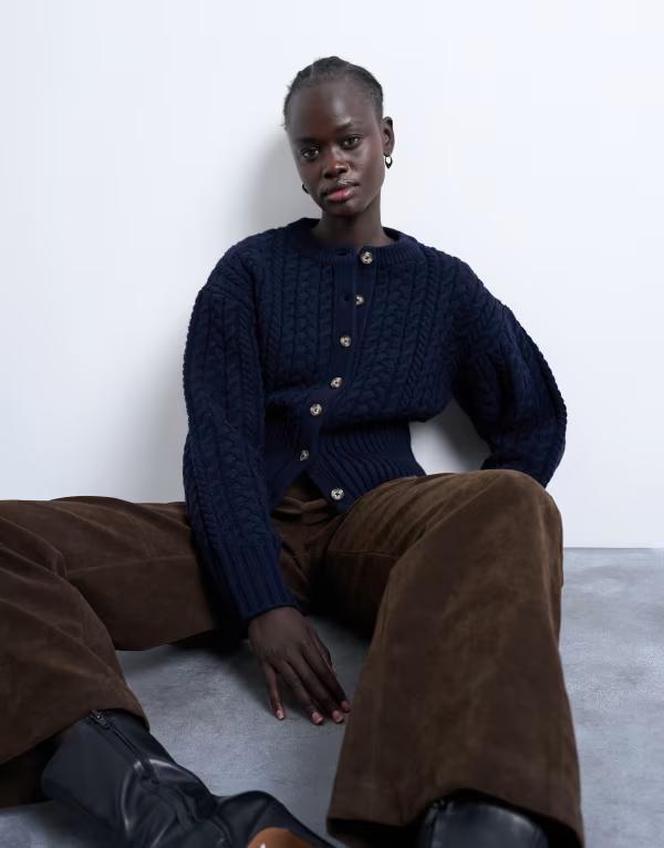 トップショップ レディース アウター カーディガン ニット Topshop knit cable fitted waist cardigan Navy ネイビー
