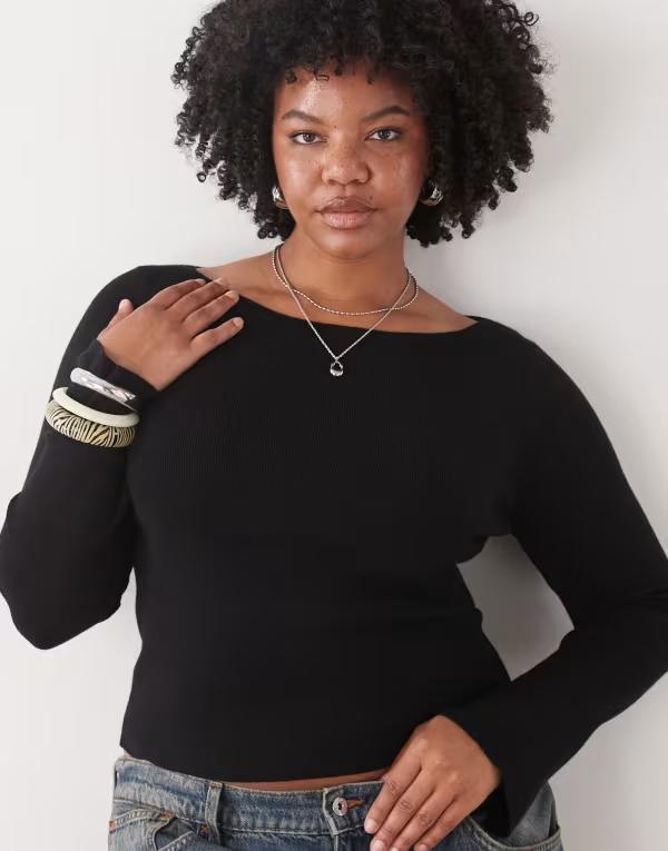 コルージョン レディース アウター ニット・セーター プラスサイズ ニット COLLUSION Plus knit slash neck long sleeve top Black ブラック