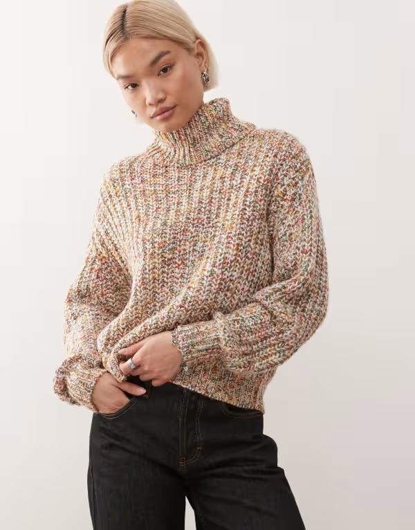 ノイジーメイ レディース アウター カーディガン セーター ニット Noisy May roll neck knit sweater in multicolored yarn Eggnog マルチカラー｜ReVida 店
