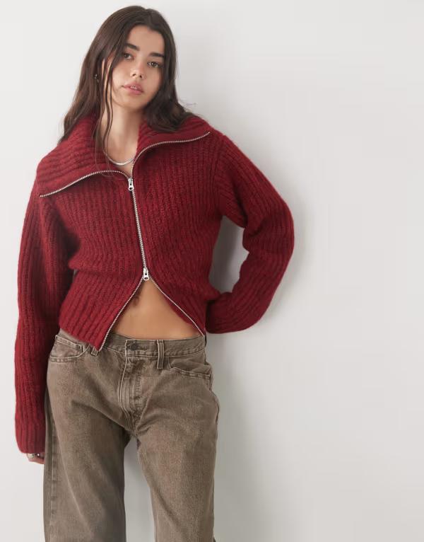 週日 レディース アウター ジレー 肋筋 Weekday chunky ribbed hem zip up cardigan melange Burgundy melange バーガンディ