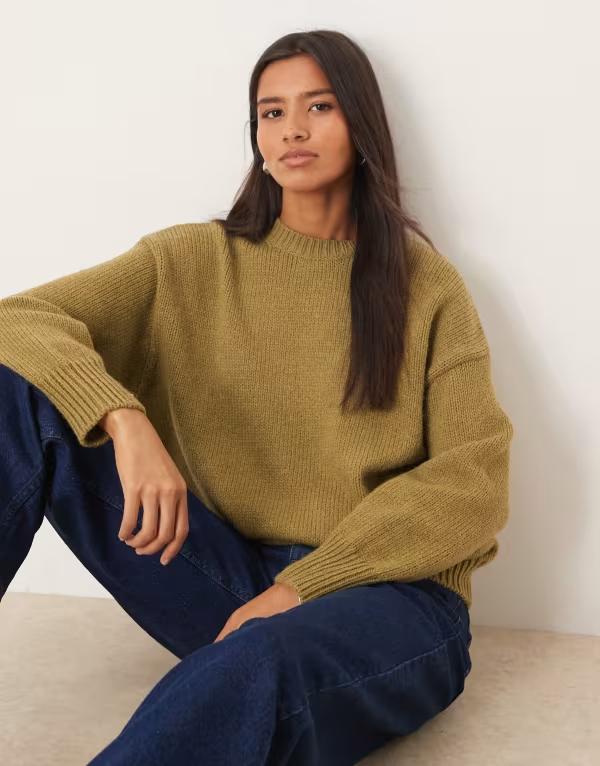 マンゴ レディース アウター ニット・セーター クルーネック セーター Mango crew neck chunky sweater in moss Moss green グリーン｜ReVida 店