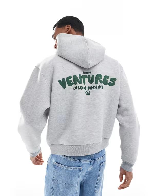 エイソス メンズ アウター パーカー・スウェット プリント パーカー ASOS DESIGN boxy hoodie with print heather Gray Heather グレー