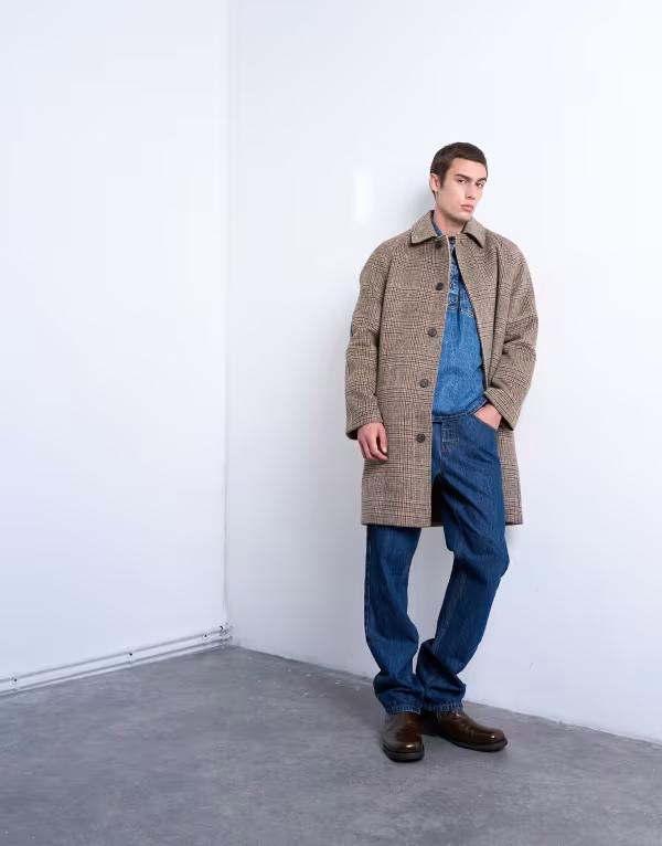 トップマン メンズ アウター コート ウール Topman brushed plaid wool blend overcoat BROWN ブラウン