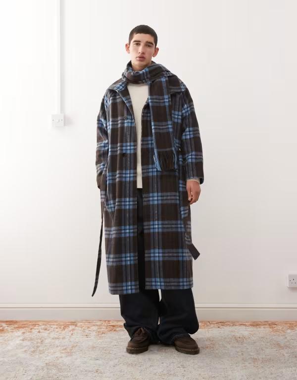 リクレイム ヴィンテージ メンズ アウター コート スタンドネック ウール マキシ Reclaimed Vintage wool look maxi duster coat with funnel neck and matching scarf and brown plaid Blue ブルー