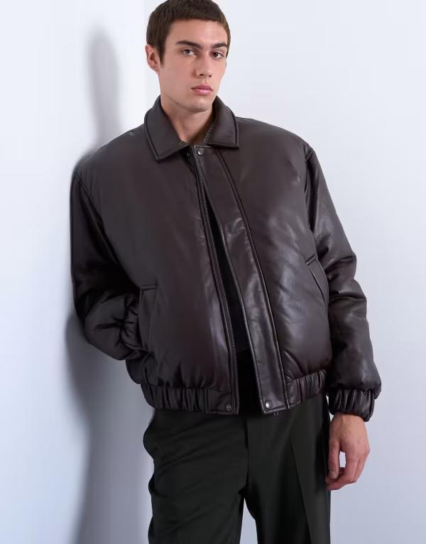 トップマン メンズ アウター ジャケット・ブルゾン レザー フェイクレザー ジャケット Topman faux leather puffer jacket in chocolate Chocolate チョコレート