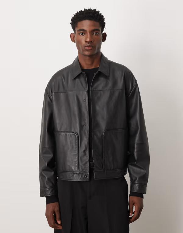 エイソス メンズ アウター 上衣・上衣 なめし革 上衣 ASOS DESIGN harrington jacket インチ real leather Black 黒いこと