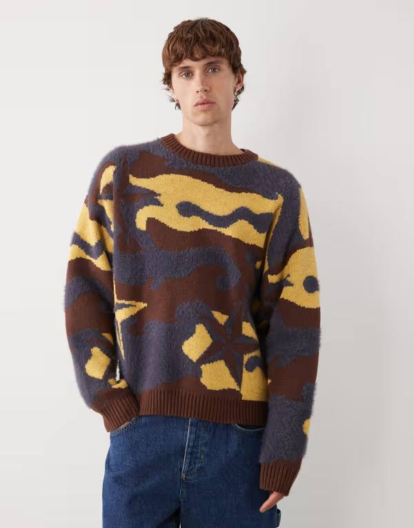 コルージョン メンズ アウター パーカー・スウェット プルオーバー 編み物 COLLUSION knit camo boxy sweater and yellow Multi マルチ色合い メンズファッション-パーカー