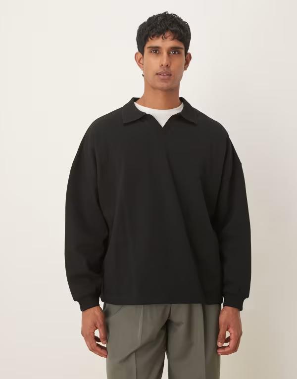 エイソス メンズ アウター パーカー・スウェット スウェット シャツ ASOS DESIGN relaxed sweatshirt with camp collar Black ブラック