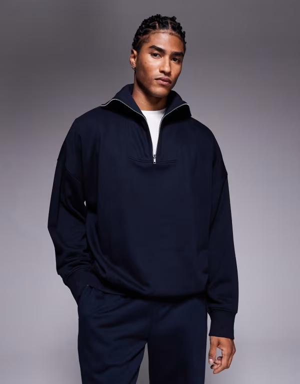 エイソス メンズ アウター パーカー・スウェット ハーフジップ ドロップショルダー スウェット シャツ ASOS DESIGN relaxed drop shoulder quarter zip sweatshirt Sky captain ネイビー