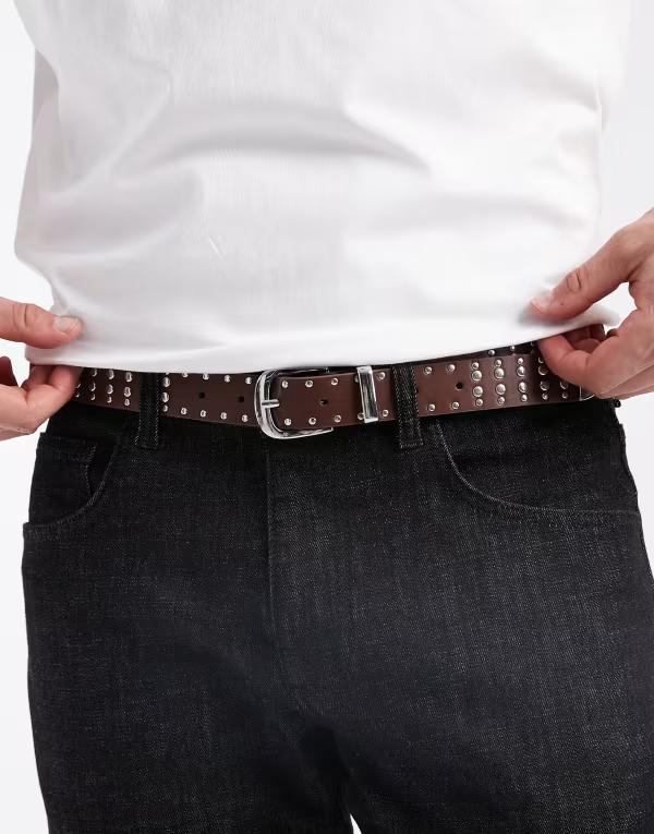 エイソス メンズ アクセサリー ベルト ASOS DESIGN studded belt BROWN ブラウン