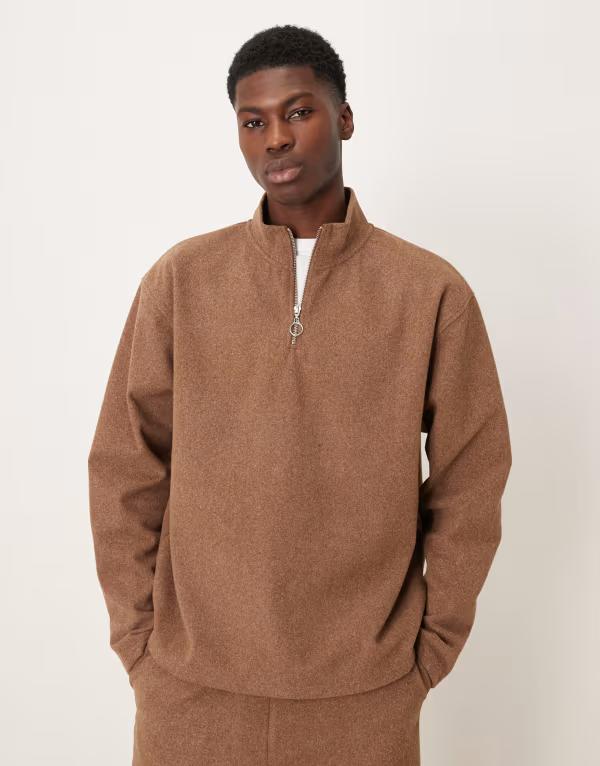 エイソス メンズ アウター パーカー・スウェット ハーフジップ スウェット シャツ ASOS DESIGN relaxed quarter zip sweatshirt in heathered CAMEL キャメル