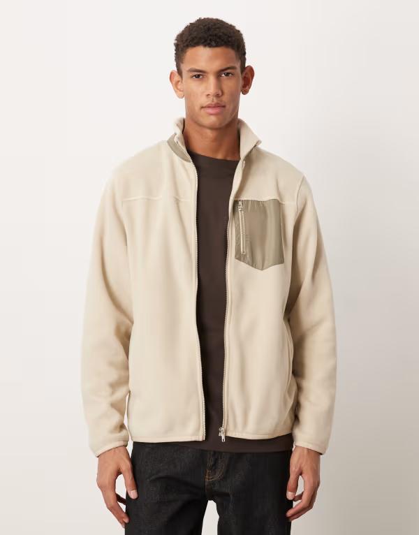 エイソス メンズ アウター ジャケット・ブルゾン フリース ASOS DESIGN zip up fleece with pocket Pelican ベージュ