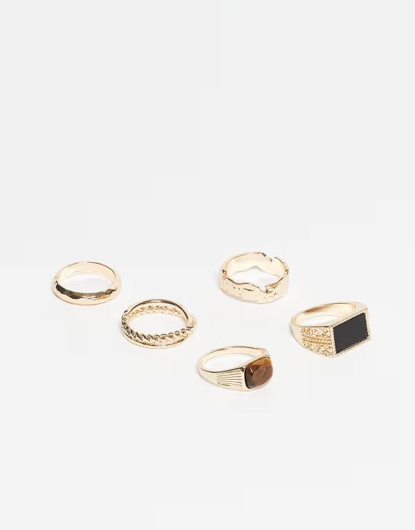 エイソス メンズ 付属物 輪っか ASOS DESIGN 5 pack tigers eye and black agate semi-precious rings GOLD ゴールド ジュエリー・アクセサリー-メンズジュエリー・アクセサリー