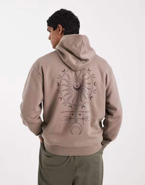 エイソス メンズ アウター パーカー・スウェット プリント パーカー ASOS DESIGN relaxed hoodie with celestial print Driftwood ブラウン