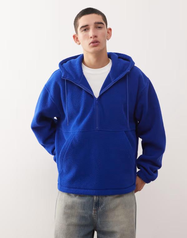 ウィークデイ メンズ アウター パーカー・スウェット ハーフジップ フリース パーカー Weekday borg fleece half zip hoodie with elasticized hem Blue ブルー
