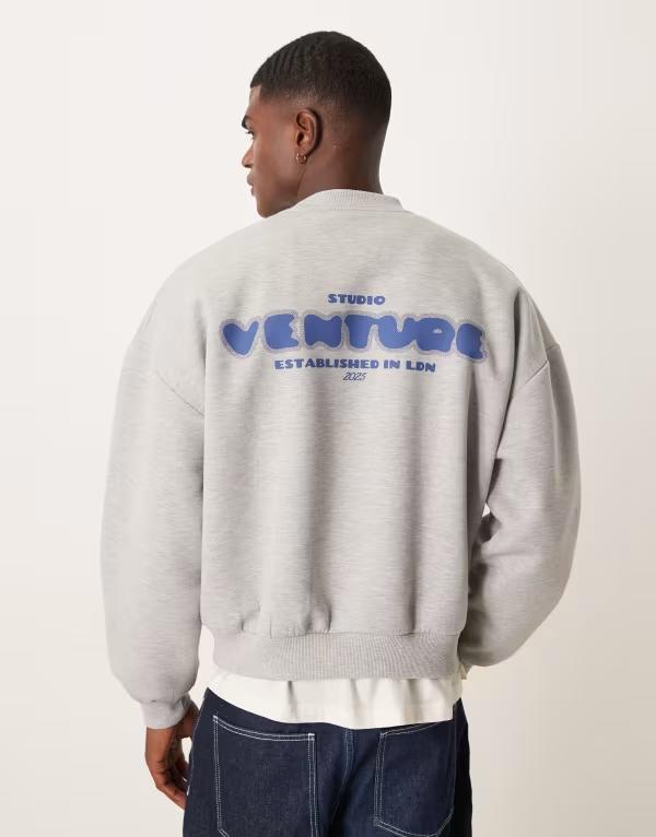 エイソス メンズ アウター パーカー・スウェット プリント スウェット シャツ スキューバ ASOS DESIGN heavyweight scuba-style fabric sweatshirt with chest print in heather Gray Heather グレー