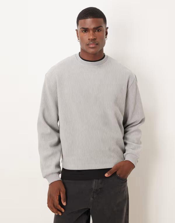 エイソス メンズ アウター パーカー・スウェット リブ スウェット シャツ ASOS DESIGN relaxed boxy ribbed sweatshirt in heather Gray Heather グレー