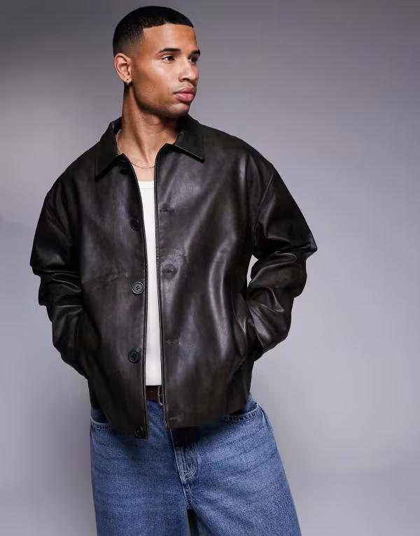 エイソス メンズ アウター ジャケット・ブルゾン レザー フェイクレザー ジャケット ASOS DESIGN faux leather harrington jacket wash Black ブラック｜ReVida 店