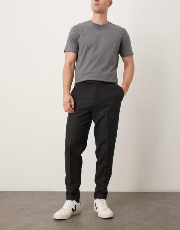 エイソス メンズ ボトムス 心地よいズボン下 ズボン下 毛糸 ASOS DESIGN smart tapered wool mix pants with plaid インチ charcoal Black 黒いこと