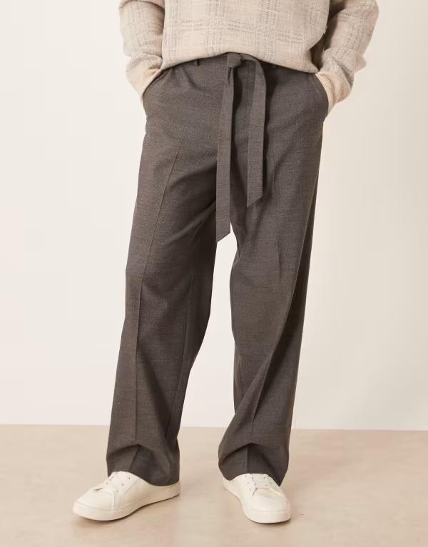 エイソス メンズ ボトムス カジュアルパンツ ワイドレッグ パンツ ASOS DESIGN smart belted wide leg pants herringbone Gray グレー