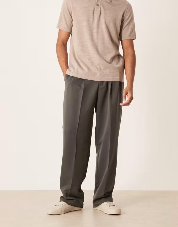 エイソス メンズ ボトムス 心地よいズボン下 ワイドレッグ ズボン下 ASOS DESIGN smart wide leg pants with double pleat and back pocket details インチ charcoal CHARCOAL 濃灰色