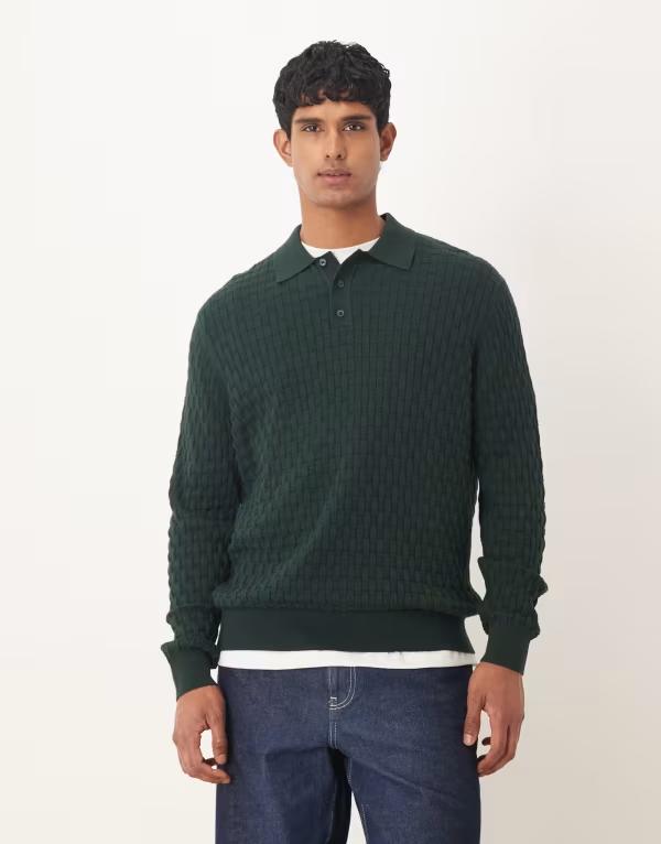 エイソス メンズ トップス ポロシャツ ニット ASOS DESIGN relaxed long sleeve knit textured polo in dark DARK GREEN グリーン
