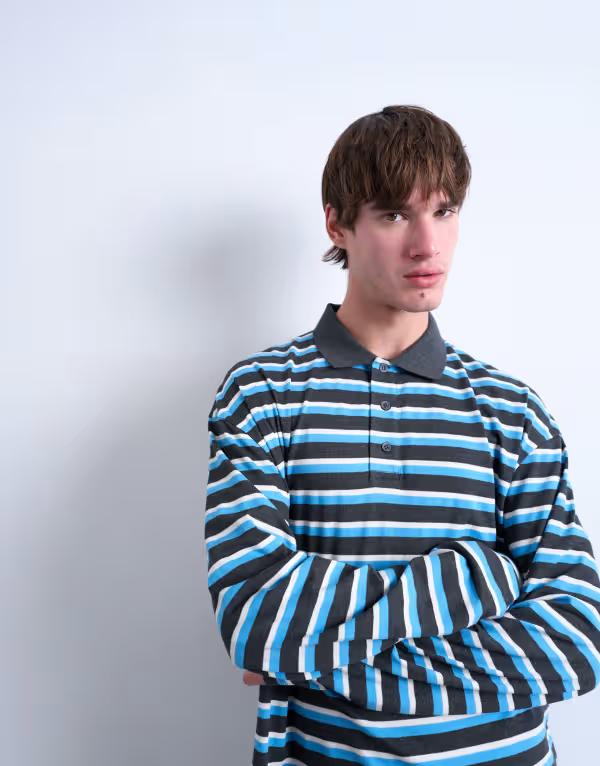 トップマン メンズ トップス ポロシャツ クロップド Topman long sleeve cropped rugby polo shirt BLUE ブルー