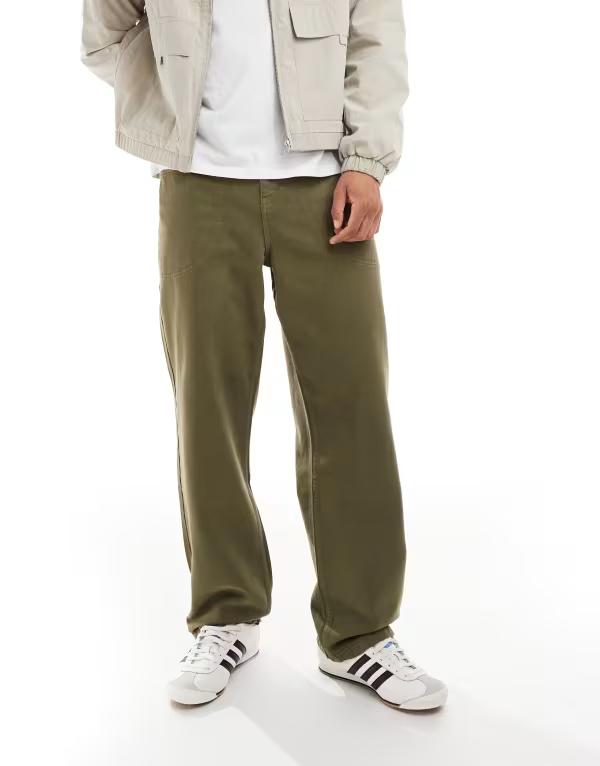 エイソス メンズ ボトムス 心地好いズボン下 ズボン下 ASOS DESIGN baggy pants with seam detailing Khaki カーキ ズボン・パンツ-メンズファッション