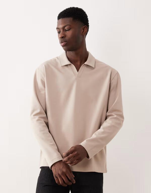 エイソス メンズ トップス ポロシャツ コットン ASOS DESIGN breatheMAX heavyweight relaxed long sleeve camp collar polo shirt cotton blend String ベージュ