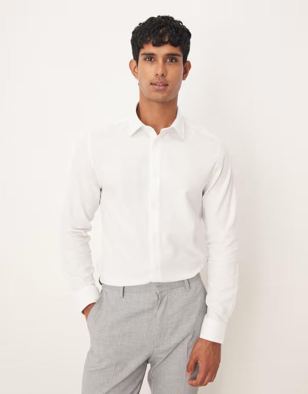 エイソス メンズ トップス シャツ ASOS DESIGN smart slim herringbone shirt WHITE ホワイト｜ReVida 店