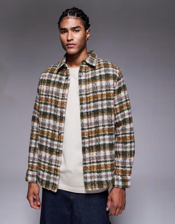 エイソス メンズ トップス シャツ ASOS DESIGN boucle checked overshirt GREEN グリーン