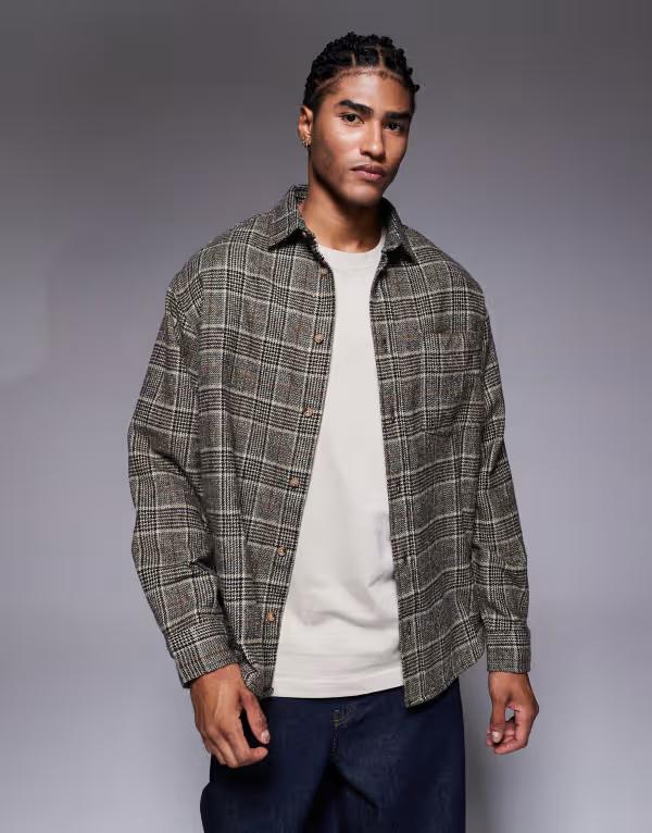 エイソス メンズ トップス シャツ ASOS DESIGN regular flannel plaid shirt BROWN ブラウン