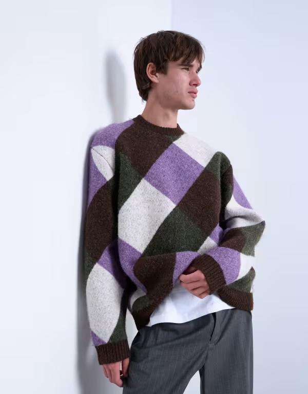 いの一番マン メンズ アウター 編み物・スウェーター 伸び伸びする填まる スウェーター 編み物 Topman relaxed fit knit sweater with diamond design Multi マルチ色合い