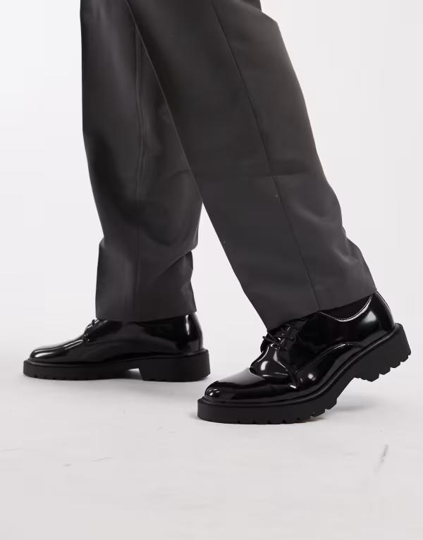 エイソス メンズ シューズ オックスフォード 手合わせ スピード競技 ASOS DESIGN lace up derby shoes patent with cleated soles Black 黒いこと メンズ靴-靴