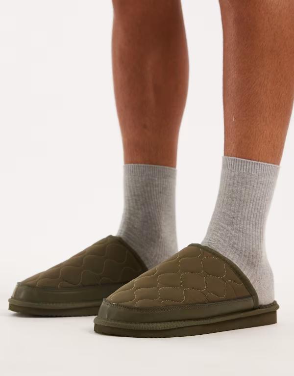 エイソス メンズ シューズ サンダル ナイロン ASOS DESIGN mule slippers nylon with borg lining Khaki カーキ