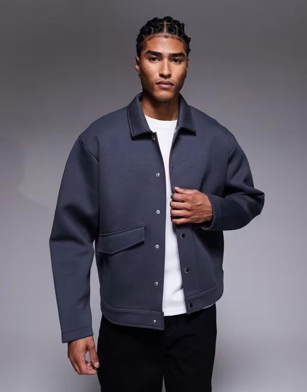 エイソス メンズ アウター ジャケット・ブルゾン シャツ スキューバ ASOS DESIGN heavyweight boxy relaxed overshirt in scuba-style fabric in charcoal Asphalt チャコール