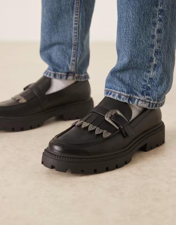 エイソス メンズ シューズ スリッポン・ローファー ローファー ASOS DESIGN loafers with western buckle Black ブラック