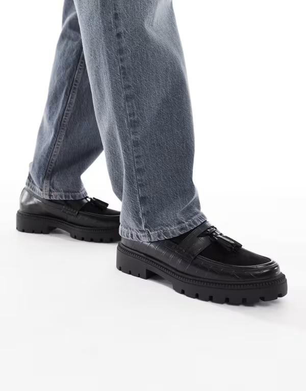 エイソス メンズ シューズ スリッポン・ローファー レザー ローファー フェイクレザー ASOS DESIGN loafers faux leather croc with tassels Black ブラック