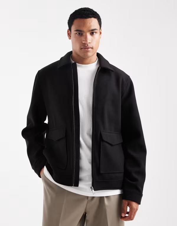 スリードベア メンズ アウター 厚地の外套 毛糸 上衣 Threadbare wool look jacket with collar and zip front Black 黒いこと