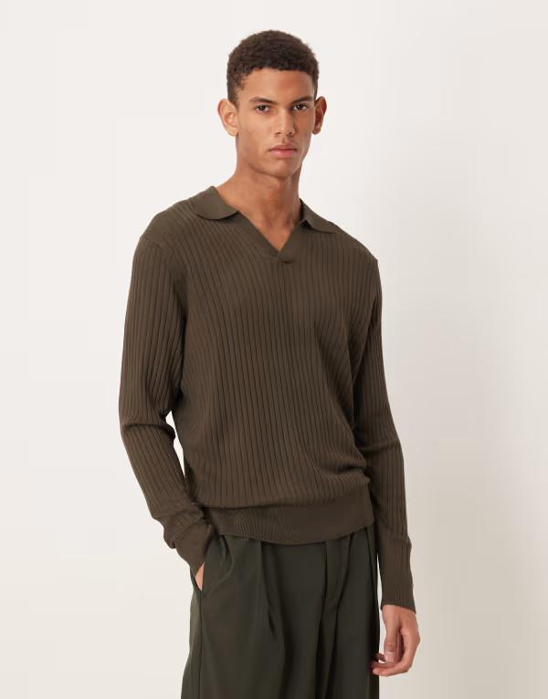 マンゴ メンズ トップス シャツ ポロシャツ Mango long sleeve camp collar polo shirt Khaki カーキ