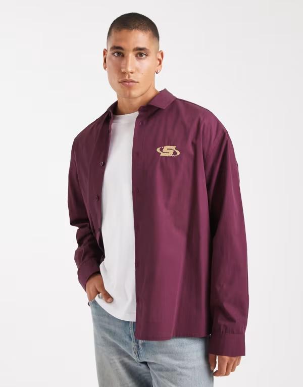 エイソス メンズ トップス シャツ ASOS DESIGN oversized shirt with chest embroidery Burgundy バーガンディ