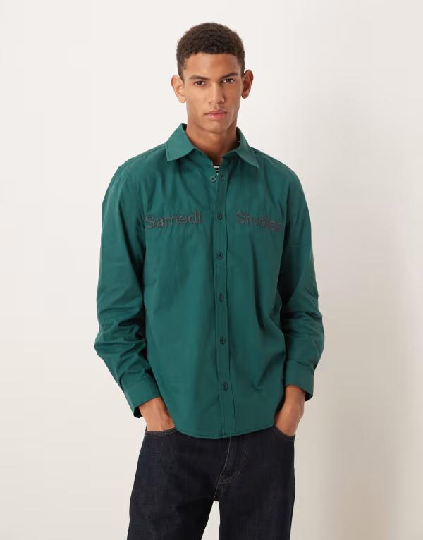 エイソス メンズ トップス シャツ ASOS DESIGN poplin shirt with embroidery in dark PONDEROSA PINE グリーン
