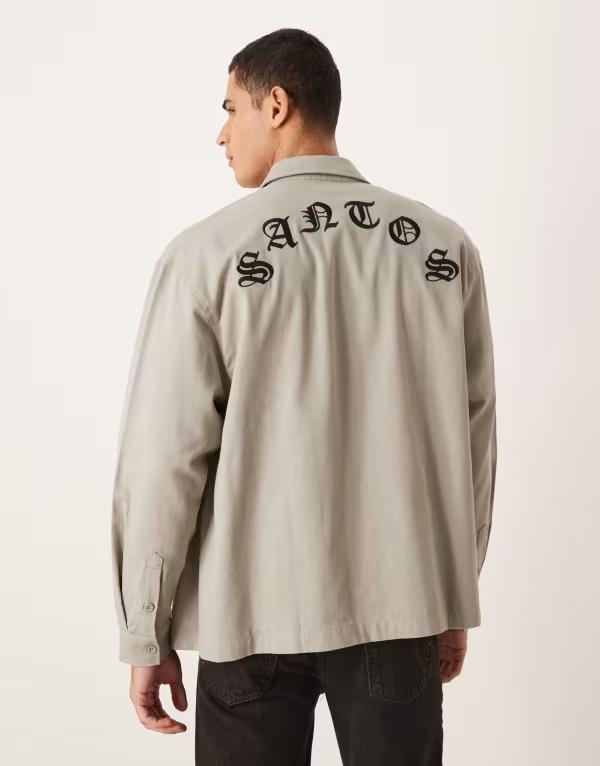 エイソス メンズ トップス シャツ ASOS DESIGN oversized collar twill shirt with back embroidery - part of a set BEIGE ベージュ