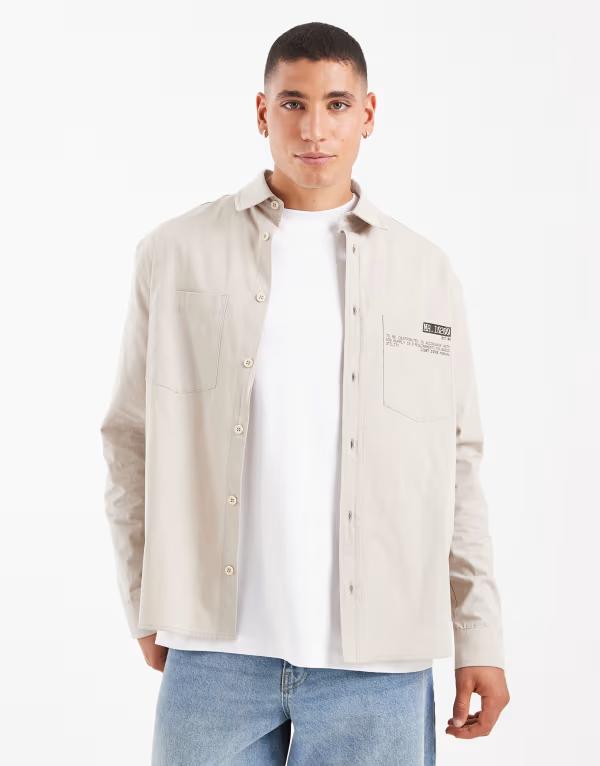 エイソス メンズ トップス シャツ プリント ASOS DESIGN oversized long sleeve poplin shirt with utility print GREEN グリーン
